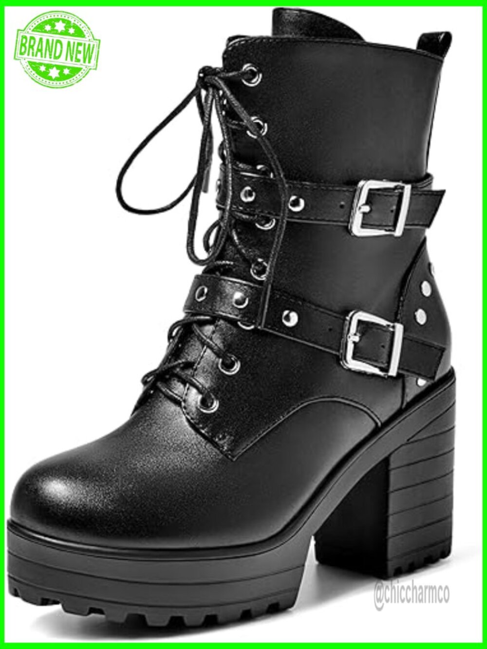9cm Platform Chunky Calf High Lace Up Combat Boots Side Zipper Gothic Punk